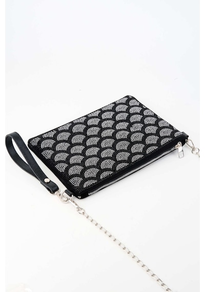 Vivaq Kadın Halka Gümüş Taşlı Süet Bilek Askılı Ve Zincir Askılı Portföy El Ve Clutch Çanta SİYAH