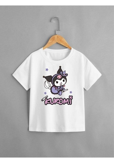 Kuromi Baskı Detaylı Kısa Kollu %100 Pamuklu Beyaz Kız Çocuk T-shirt Beyaz