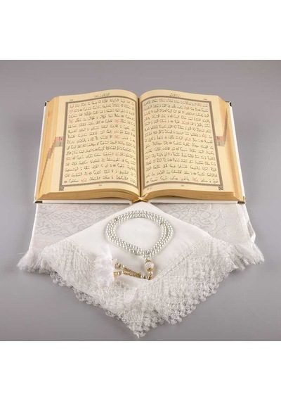 Şal + Seccade + Tesbih + Kuran Hediye Seti (Orta Boy, Kadife, Bey