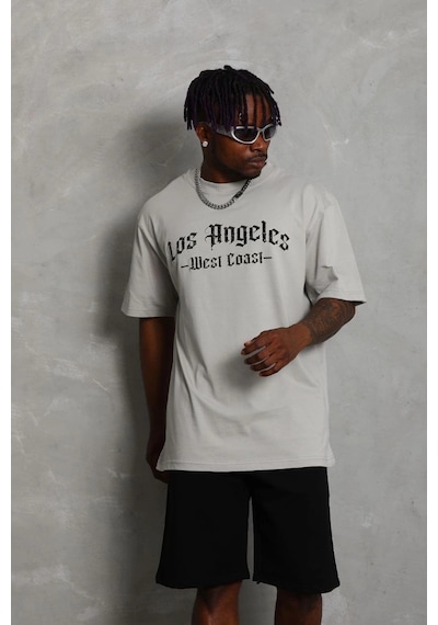 Erkek Oversize Baskılı Bisiklet Yaka T-shirt - Gri Gri