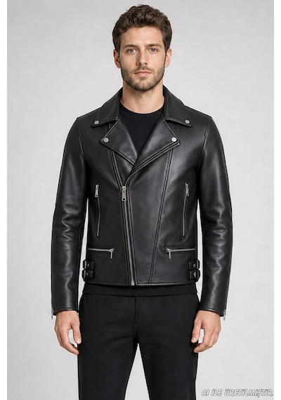 Freemen Erkek Slim Fit Çapraz Fermuarlı İçi Kürklü Suni Deri Ceket-421 Siyah