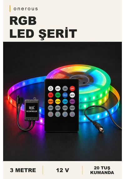 Onerous 3 M 12v Rgb Led Şerit, Müzik Kontrollü, 20 Tuş Kumandalı