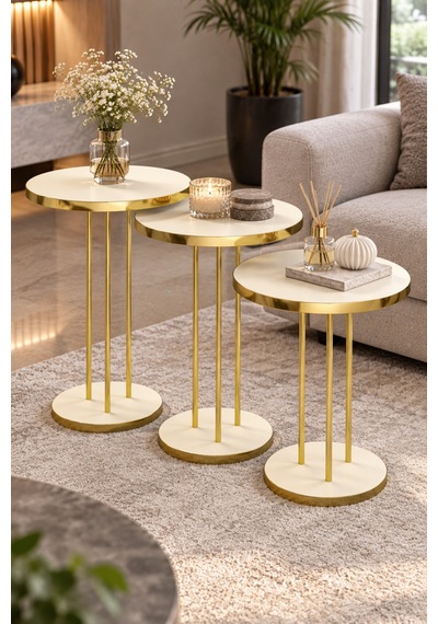 Sulorahome Krem Bej 3'lü Yuvarlak Zigon Sehpa Takımı Gold Metal Ayaklı Bej - Altın