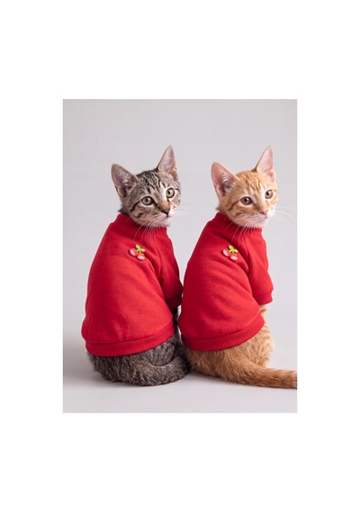 Kiki Kiraz Detaylı Kırmızı Kedi Polar Sweatshirt