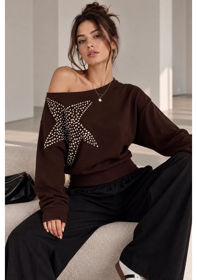 Bb Butik Basic Taşlı Yıldız Detaylı Kayık Yaka Salaş Kadın Bluz Frw34 kahverengi