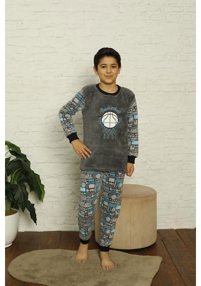 Pemilo Erkek Çocuk 1027 Desenli Polar Pijama Takımı Gri-gri 33799 - 1 Gri