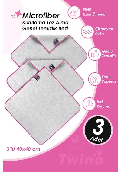 Twino 3'lü Mikrofiber Temizlik Bezi 40x40 Çok Amaçlı Mobilya Halı Koltuk Ovma Silme Toz Alma Bezi