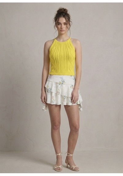 Neden Tekstil Kadın Triko Örme Halter Yaka Crop Bluz - Sarı