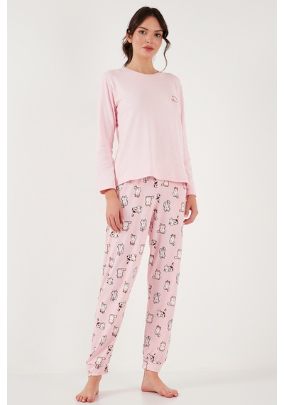 Lela Streç Regular Fit Beli Lastikli Bisiklet Yaka Bayan Pijama Takımı 65714101 Açık Pembe