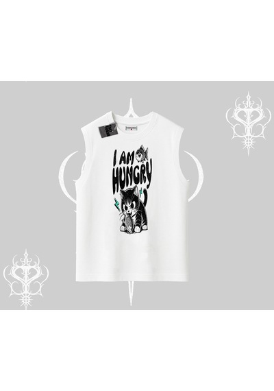 Startmore Startmore Am Hungry Kedi Baskılı Kolsuz Tshirt Beyaz