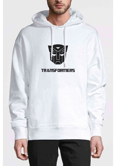 Transformers Baskılı Beyaz Erkek Örme Kapşonlu Sweatshirt