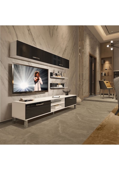 Decoraktiv Eko 5 Mdf Dvd Krom Ayaklı Tv Ünitesi Tv Sehpası Beyaz - Siyah