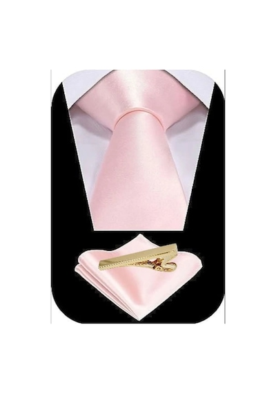 Tezzgelsin Erkek Saten Kravat Mendil ve Gold Çelik Kravat İğne Pembe