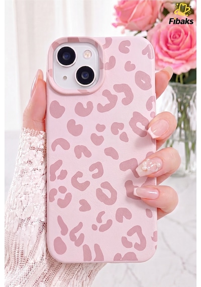 Fibaks iPhone 14 Plus/15 Plus Uyumlu Kılıf Pembe Leopar Desenli İnce Yumuşak Silikon