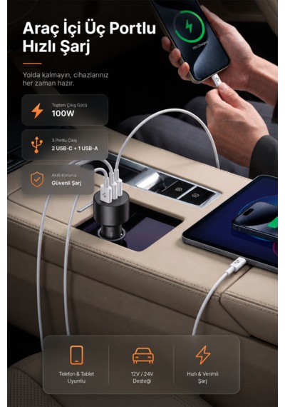 100w Araç Hızlı Şarj Aleti 2 Usb-c + Qc Usb Girişi Tüm Araçlar Uyumlu Şarj 100w Silver