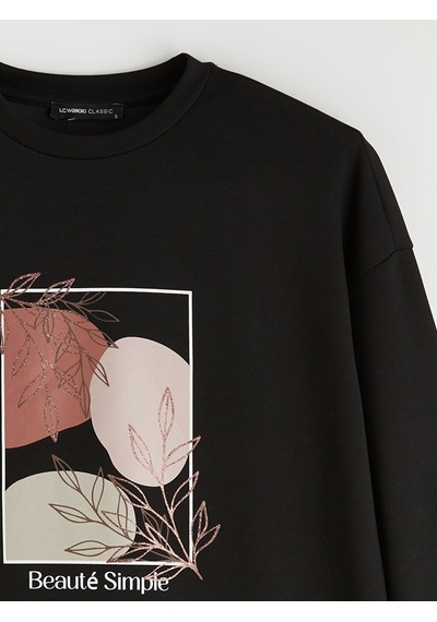 Lcw Everyday Siyah Bisiklet Yaka Baskılı Oversize Kadın Tunik