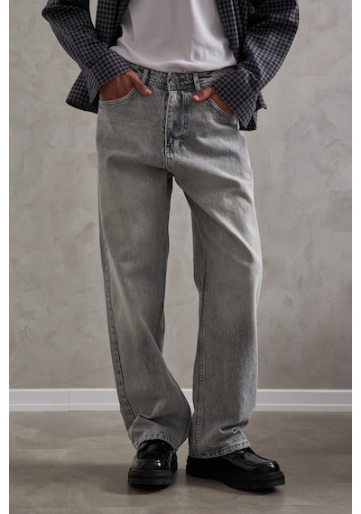 Erkek Ekstra Baggy Jean Pantolon Gri Melanj