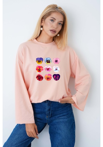 Herkesemoda Çiçek Baskılı Tesettüre Uygun Uzun Kollu Body Somon