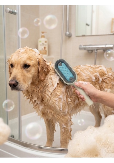 Hazneli Evcil Hayvan Duş Tarağı Kedi Köpek Tüy Toplayıcı Masaj Fırçası Mavi