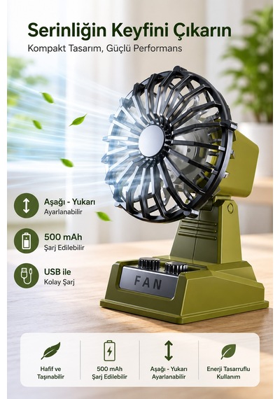 Exenar - Yeşil - Şarjlı Masaüstü Mini Vantilatör Retro Tasarım 2 Kademeli Mini Fan 500 Mah Taşınabilir Fan