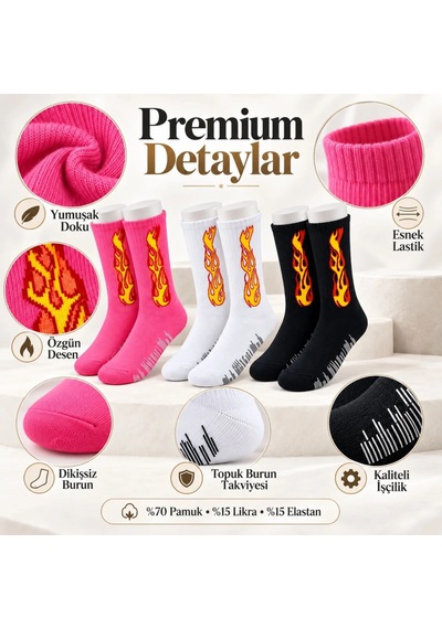 Teorastore Unisex Alev Desenli Çorap 3'lü Set Pamuklu Uzun Soket Dikişsiz Nefes Alan Günlük Spor Çorabı Yumuşak Çok Renkli