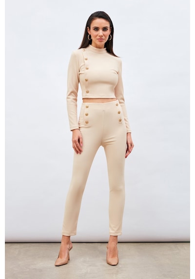 Sateen Düğme Detaylı Pantolon - Bej-132976 Bej