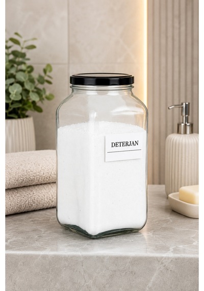 Kare Cam Deterjan Saklama Kavanozu 3 Litre Metal Kapaklı Etiket Hediyeli Şeffaf