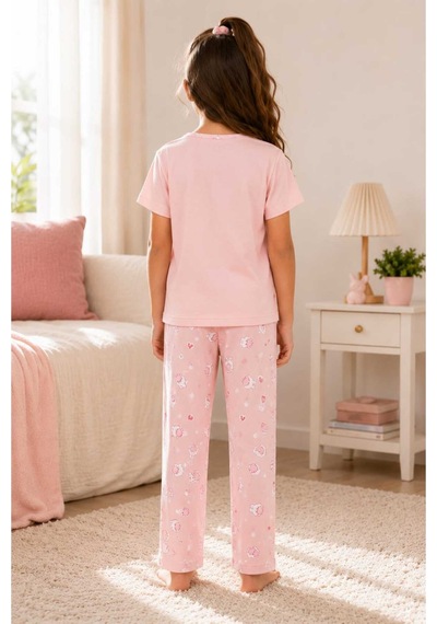 Pijamask Kız Çocuk Baskılı Pamuklu Kısa Kollu Yazlık Pijama Takımı Pembe