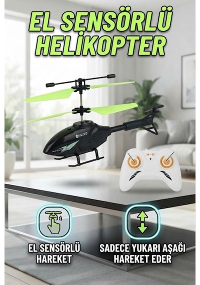 Hareket Sensörlü Kumandalı Şarjlı Yeşil Helikopter - Oyuncak Helikopter