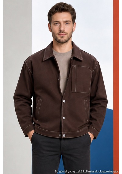 Freemen Erkek Dikiş Detaylı Oversize Gabardin Mevsimlik Ceket & Mont Erkek-dikişli-ceket-388 Kiremit