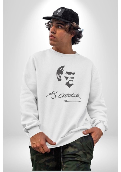 Kemal Atatürk İmza Ve Silüet Kadın Erkek Beyaz Baskılı Sweatshirt Beyaz