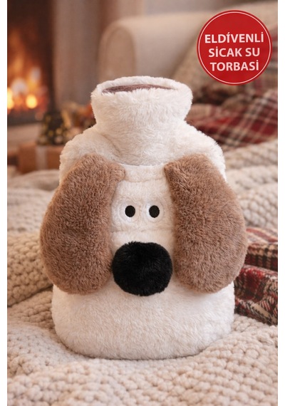 Beyaz Gromit Figürlü Eldivenli Sıcak Su Torbası Peluş Kılıflı, Karın El Isıtıcı Renkli