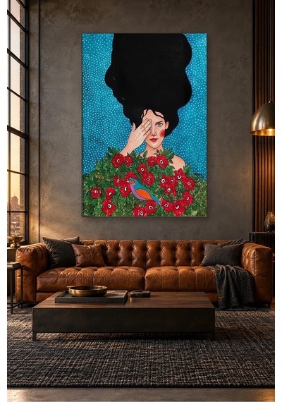 Fida Gözünü Eliyle Kapatan Kız Ve Kırmızı Güller Canvas Tablo Çok Renkli