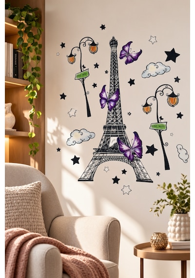 3d Renkli Eyfel Kulesi Duvar Stickerı 32x50 Cm Mor Kelebekli Paris Temalı Oda Duvar Dekorasyonu