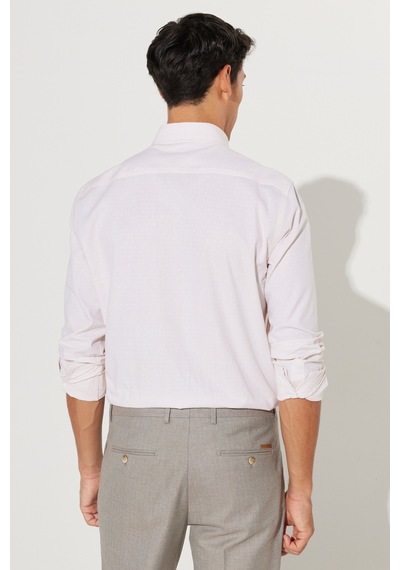 AC&Co / Altınyıldız Classics Erkek Bej Slim Fit Dar Kewsim Düğmeli Yaka %100 Pamuk Armürlü Gömlek Bej