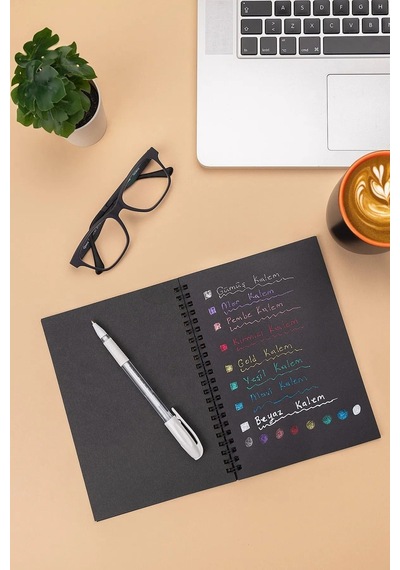 Mcolor Siyah Yapraklı Spiralli Defter (30 Yaprak, A5 Ve Pensan Beyaz Neon Jel Kalem