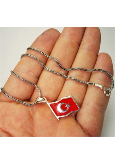 Mineli Gümüş Ayyıldız Bayrak Kolye Zincir