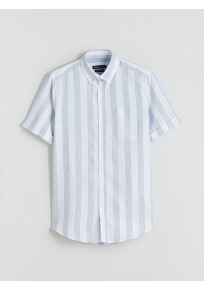 Lcwaıkıkı Classic Mavi Regular Fit Kısa Kollu Çizgili Armürlü Erkek Gömlek