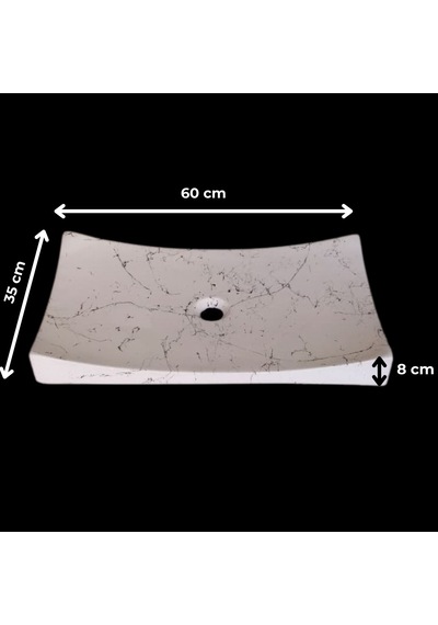 Mermer Desenli Tezgah Üstü Kayık Model Taş Lavabo 35 X 60 Cm Beyaz