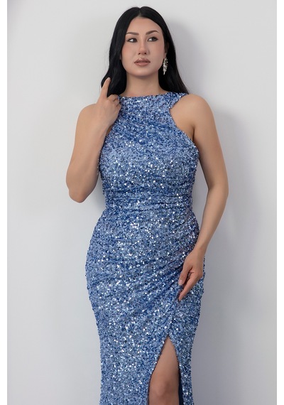 Kalopya Halter Yaka Yırtmaçlı Pulpayet Elbise Ecr5482 Mavi