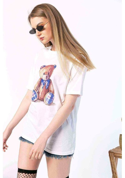 Kadın Oversize Ekose Ayıcık Baskılı Tshirt (534304627)
