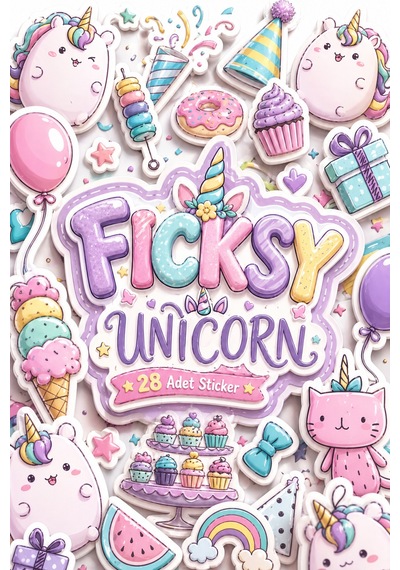 Sevimli Doodle Unicorn Pembe Yavru Kedi Doğum Günü Temalı Sticker Seti - 28 Adet Etiket Çıkartma Diğer