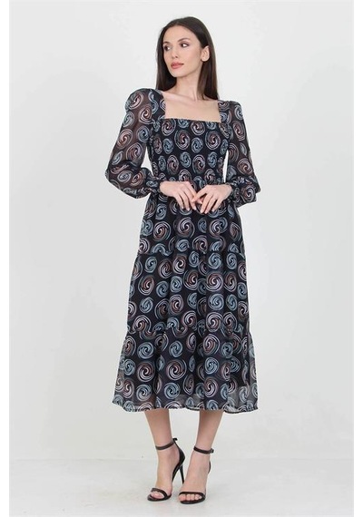 Neşeli Butik Siyah Kadın Siyah Gipeli Kare Yaka Desenli Şifon Elbise Nb100361 Siyah
