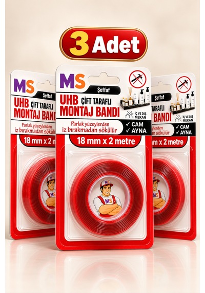 3 Adet Vhb Çift Taraflı Şeffaf Ultra Güçlü 18 Mm X 2 Metre  Bandı Metal Araç Plastik Bantı Diğer