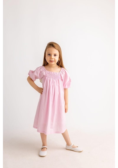 Oliventhekid Pembe Sıra Lastikli Kız Çocuk Elbise Pembe Pembe