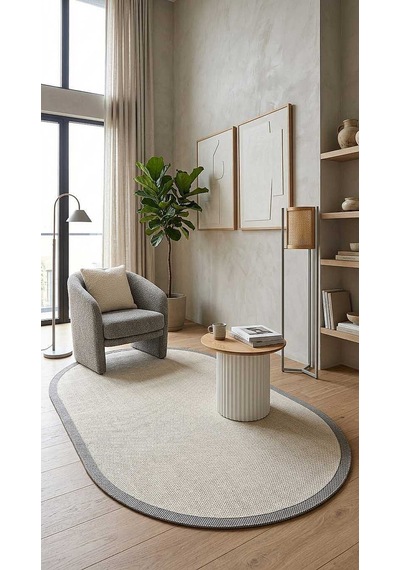 Natura Sisal Hasır Görünümlü Çerçeveli Oval Halı Ntr05 Antrasit-krem Gri-krem