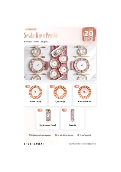 Sevda Kuşu Pembe 20 Parça 6 Kişilik Kahvaltı Takımı Diğer