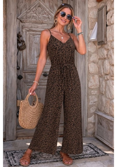 Butik İstanbul Kadın Ip Askılı V Yakalı Cep Detaylı Desenli Uzun Süprem Tulum Leopar