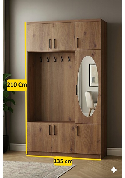 Vestiyer Oval Aynalı Ceviz Renginde 1.sınıf Mdf 210 135