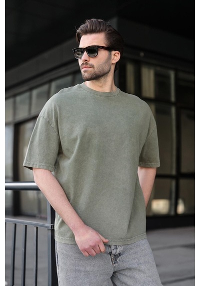 Madmext Haki %100 Pamuklu Oversize Erkek Tişört E7178 Haki